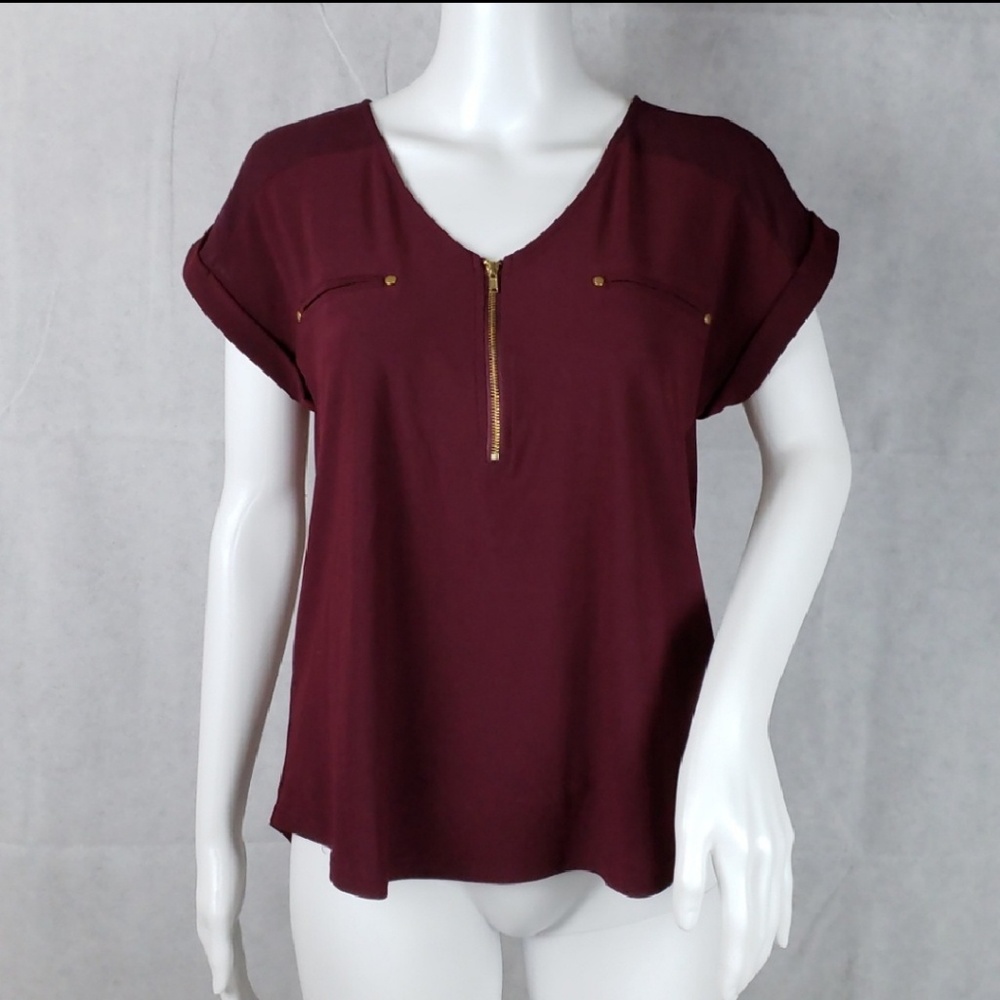 SWEET WANDERER Burgundy Short Sleeve Blouse